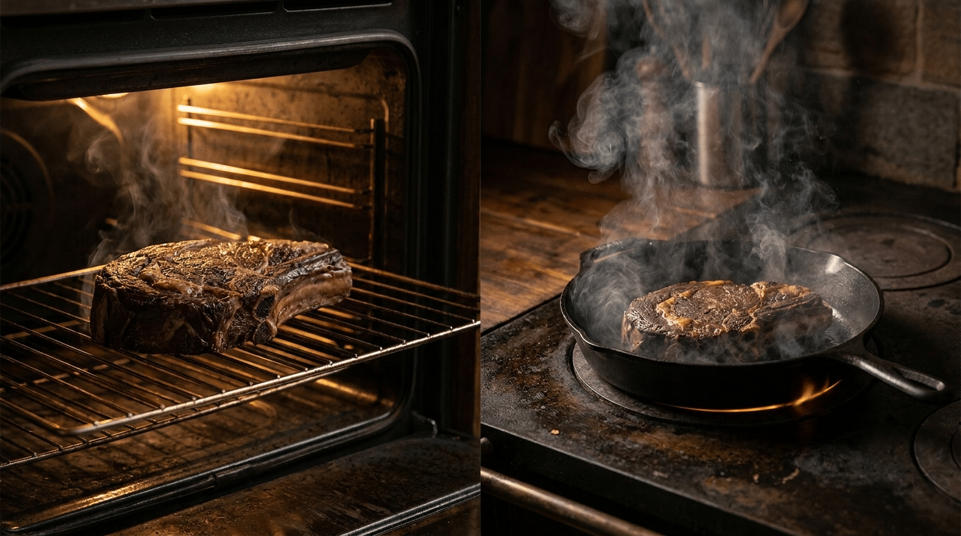 Dökme demir tavada mühürlenen kalın dry aged antrikot