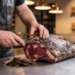 Kasap, 60 gün dinlenmiş dry aged antrikot kütüğünün kabuğunu bıçakla tıraşlıyor