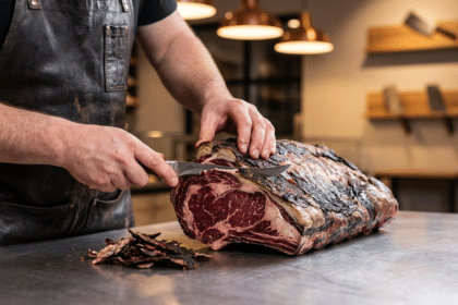 Kasap, 60 gün dinlenmiş dry aged antrikot kütüğünün kabuğunu bıçakla tıraşlıyor