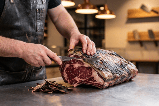 Kasap, 60 gün dinlenmiş dry aged antrikot kütüğünün kabuğunu bıçakla tıraşlıyor