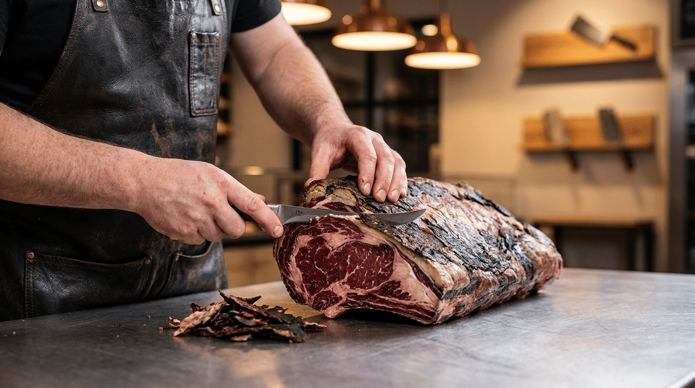 Kasap, 60 gün dinlenmiş dry aged antrikot kütüğünün kabuğunu bıçakla tıraşlıyor