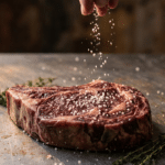 Kalın dry aged antrikot üzerine iri deniz tuzu serpilirken çekilmiş yakın plan görsel