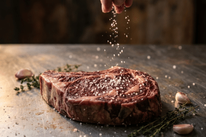 Kalın dry aged antrikot üzerine iri deniz tuzu serpilirken çekilmiş yakın plan görsel