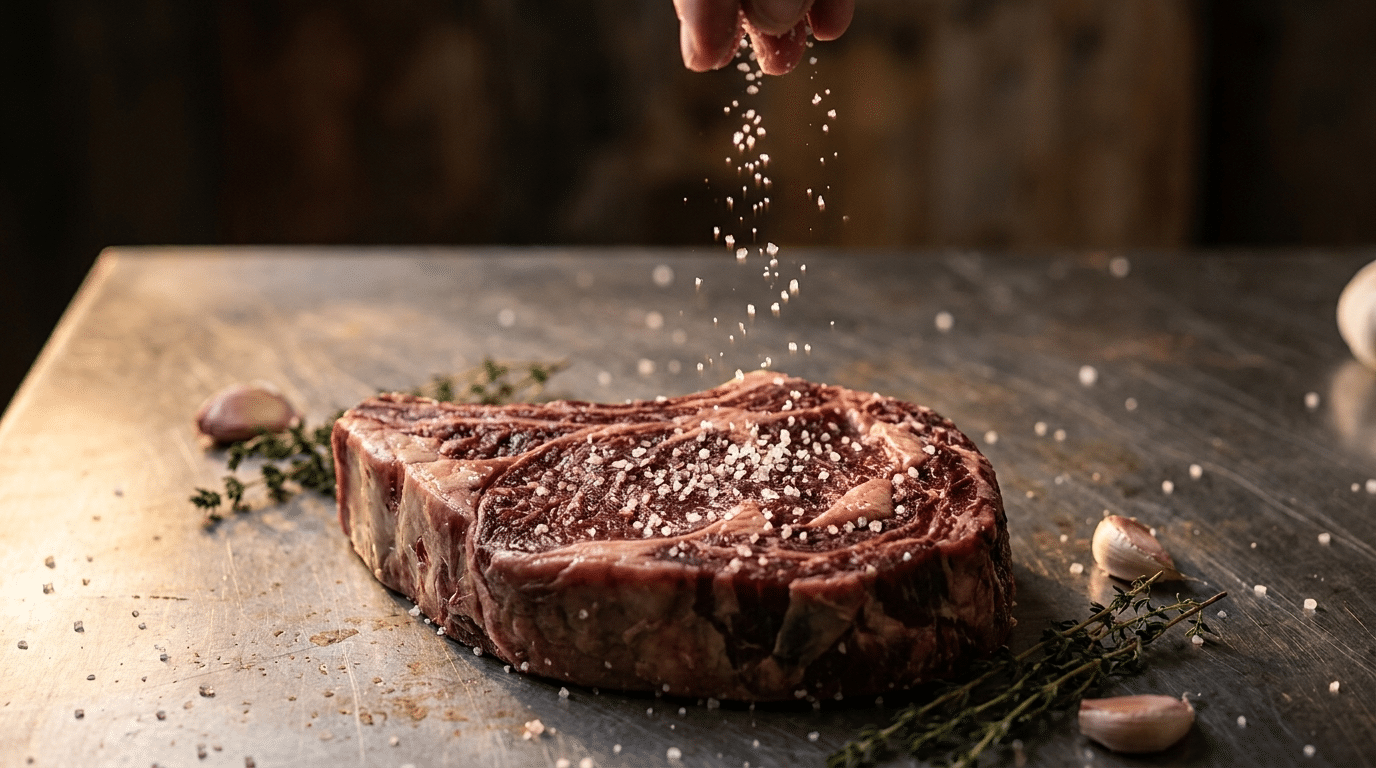 Kalın dry aged antrikot üzerine iri deniz tuzu serpilirken çekilmiş yakın plan görsel