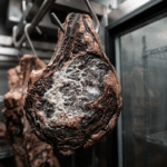 Olgunlaştırma kabininde asılı dry aged antrikot üzerindeki beyaz küf tabakası ve koyu bordo kabuk