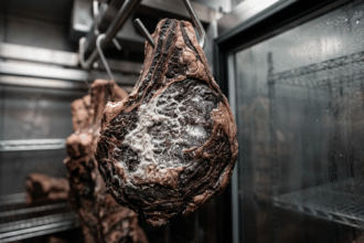 Olgunlaştırma kabininde asılı dry aged antrikot üzerindeki beyaz küf tabakası ve koyu bordo kabuk