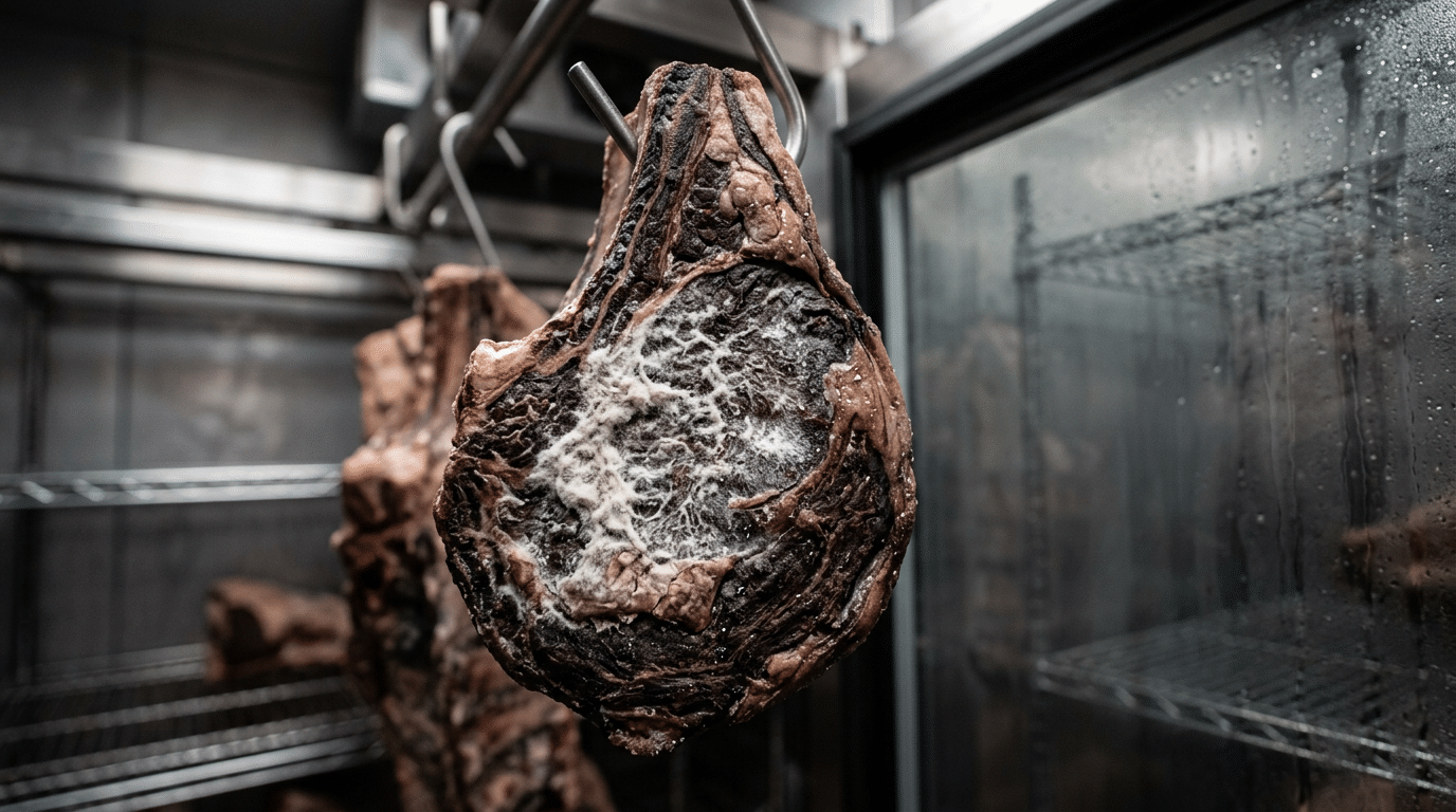 Olgunlaştırma kabininde asılı dry aged antrikot üzerindeki beyaz küf tabakası ve koyu bordo kabuk