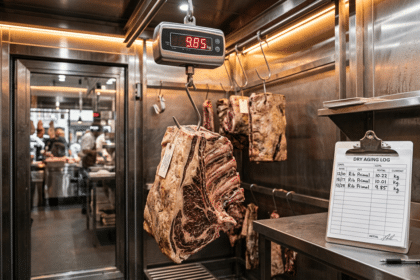 Dry aged dolabında kancada asılı kemikli et parçası ve dijital tartı ile haftalık fire takibi