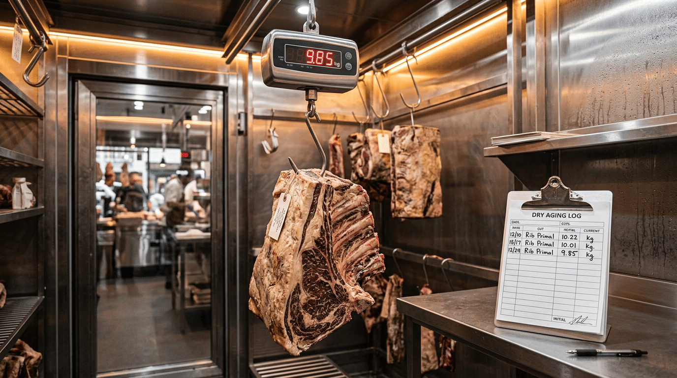 Dry aged dolabında kancada asılı kemikli et parçası ve dijital tartı ile haftalık fire takibi