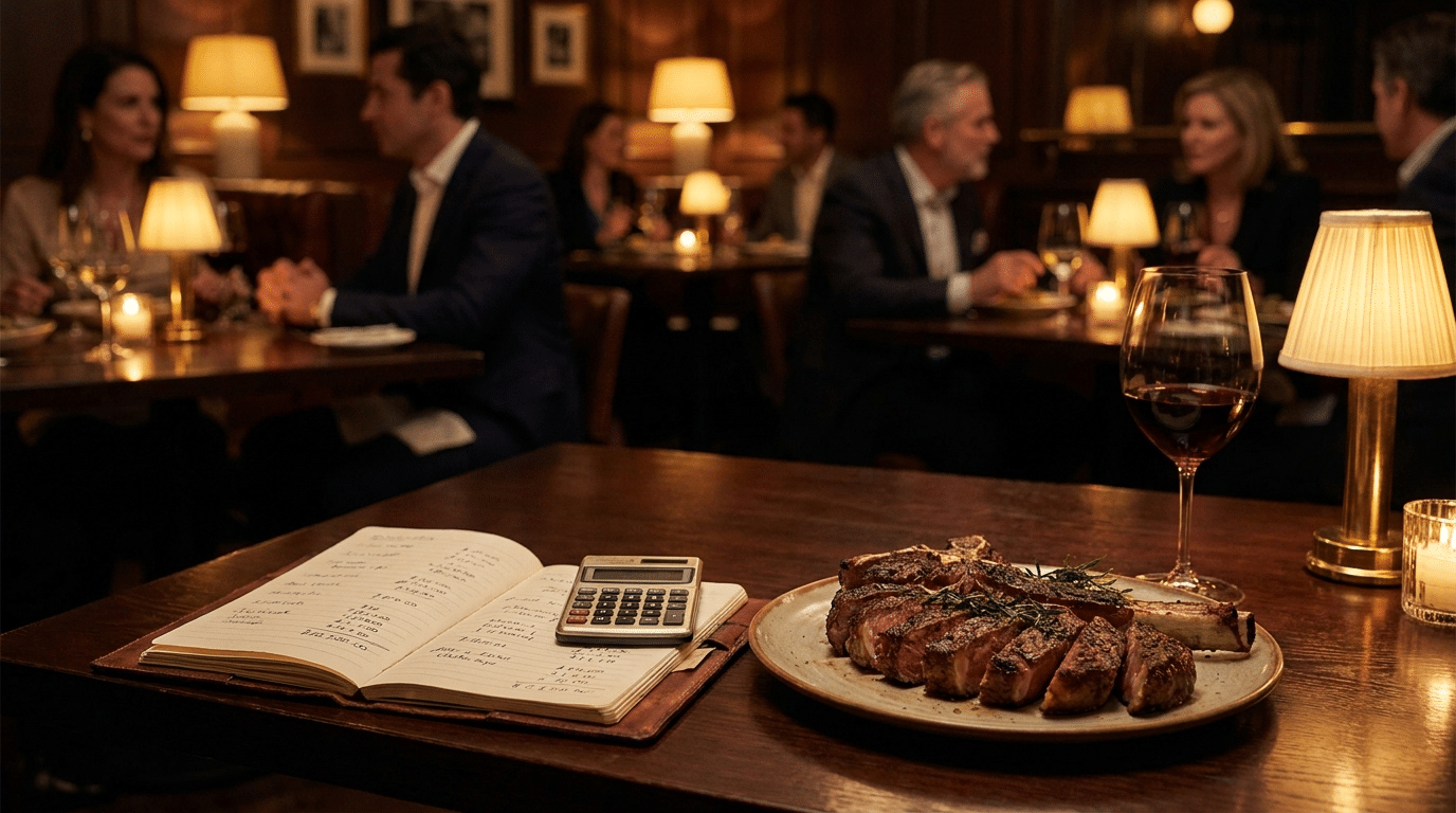 Steakhouse masasında dry aged porsiyon ve maliyet hesabı defteri