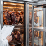 Dry aged dolabının önünde elinde puanlama listesi tutan aşçı, kalite kontrol istasyonu