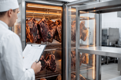 Dry aged dolabının önünde elinde puanlama listesi tutan aşçı, kalite kontrol istasyonu