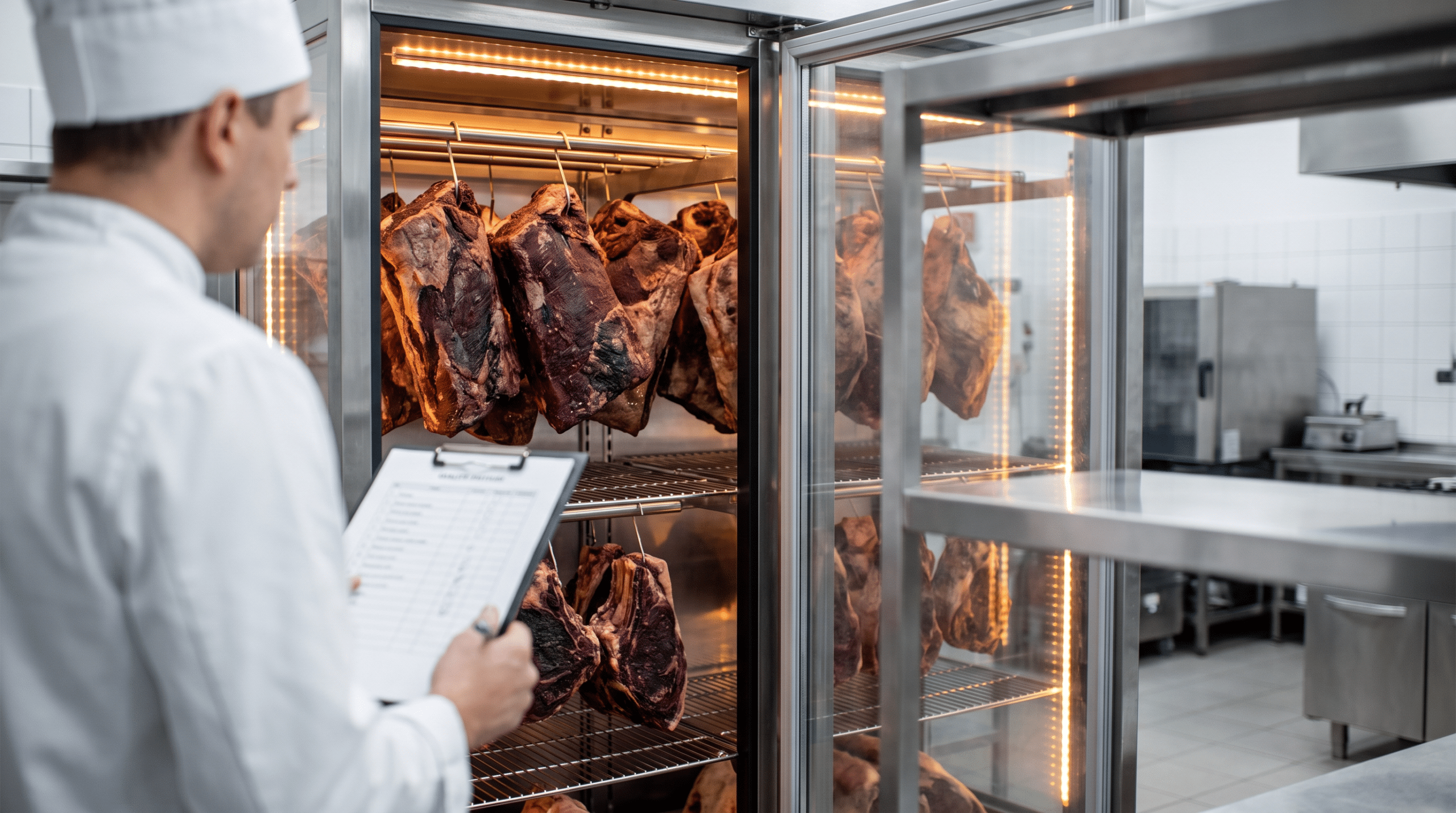 Dry aged dolabının önünde elinde puanlama listesi tutan aşçı, kalite kontrol istasyonu