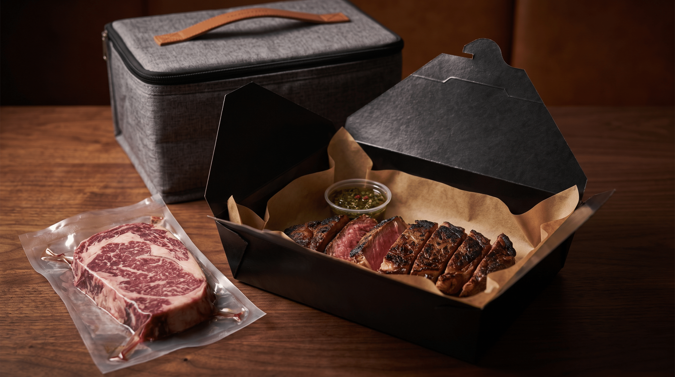 Dilimlenmiş dry aged antrikot paket servis kutusunda ve termal teslimat çantası