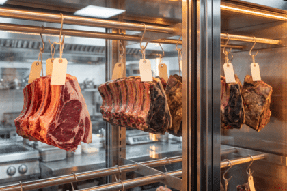 Dry aged dolabında farklı olgunlaşma aşamalarındaki partiler askıda