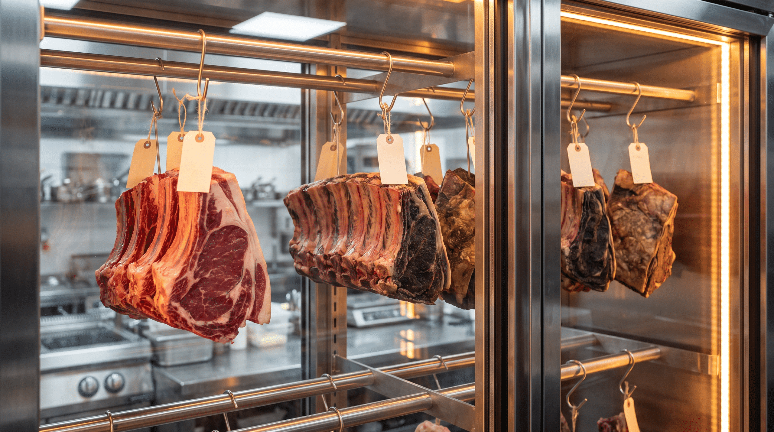 Dry aged dolabında farklı olgunlaşma aşamalarındaki partiler askıda