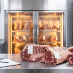 Kasap tezgâhında etiketli et parçaları, dijital kanca terazi ve kayıt formu ile dry aged parti takibi