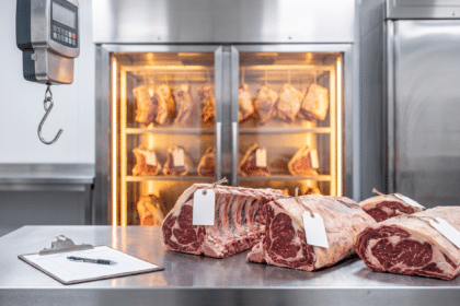 Kasap tezgâhında etiketli et parçaları, dijital kanca terazi ve kayıt formu ile dry aged parti takibi