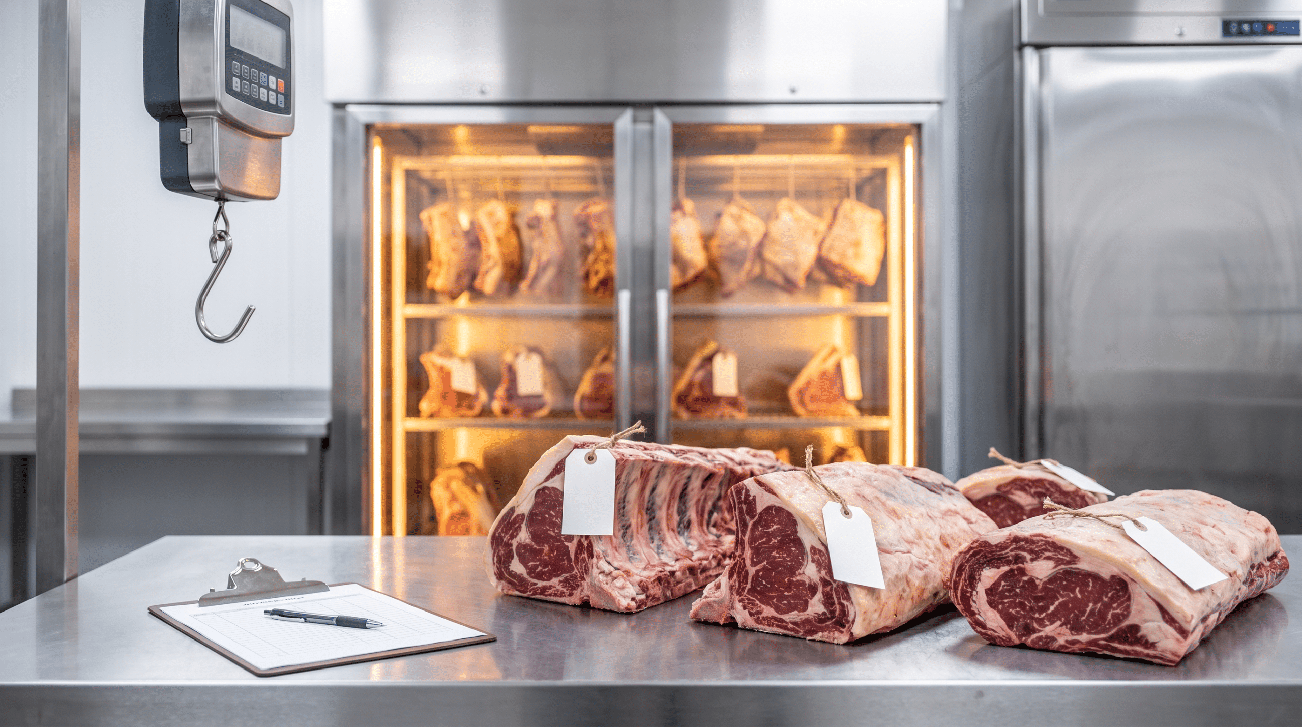 Kasap tezgâhında etiketli et parçaları, dijital kanca terazi ve kayıt formu ile dry aged parti takibi