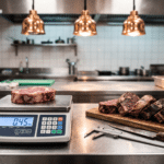 Kasap hazırlık tezgâhında dijital terazide tartılan dry aged biftek ve porsiyonlama bıçağı