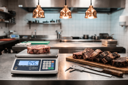 Kasap hazırlık tezgâhında dijital terazide tartılan dry aged biftek ve porsiyonlama bıçağı