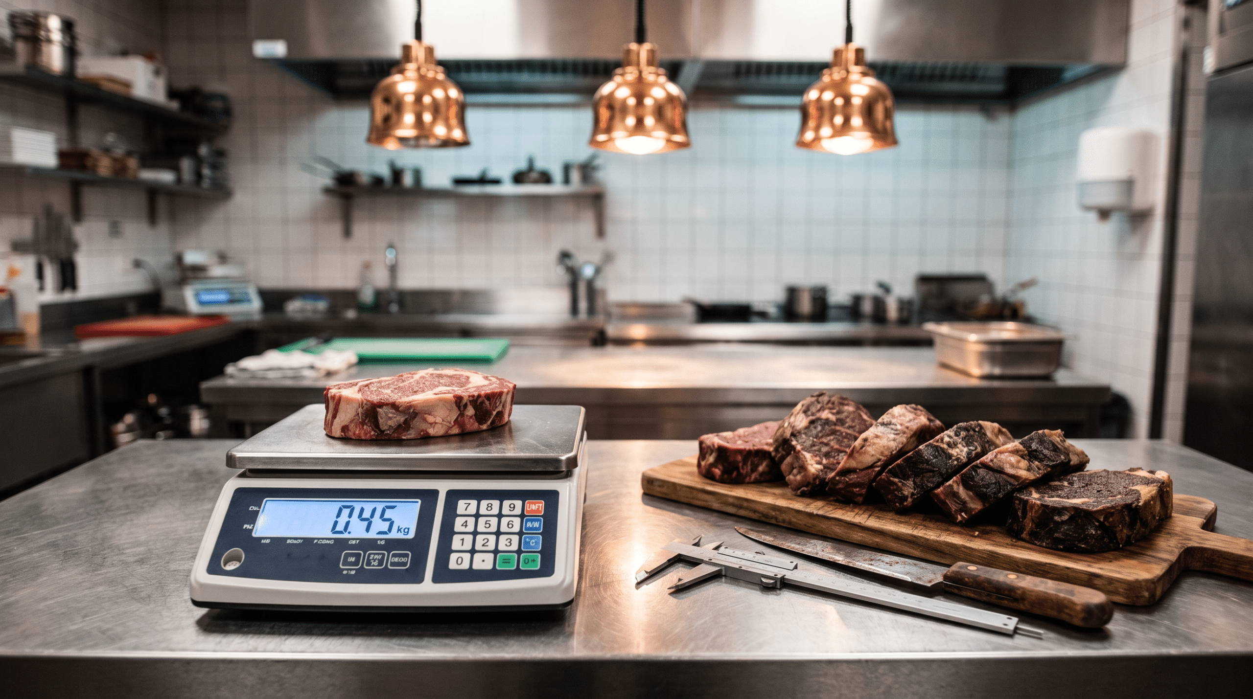 Kasap hazırlık tezgâhında dijital terazide tartılan dry aged biftek ve porsiyonlama bıçağı