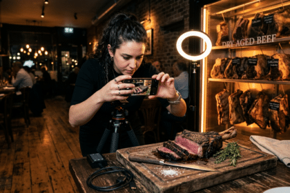 Restoranda dry aged eti telefonla çeken içerik üreticisi, arkada aydınlatmalı dry aged vitrini