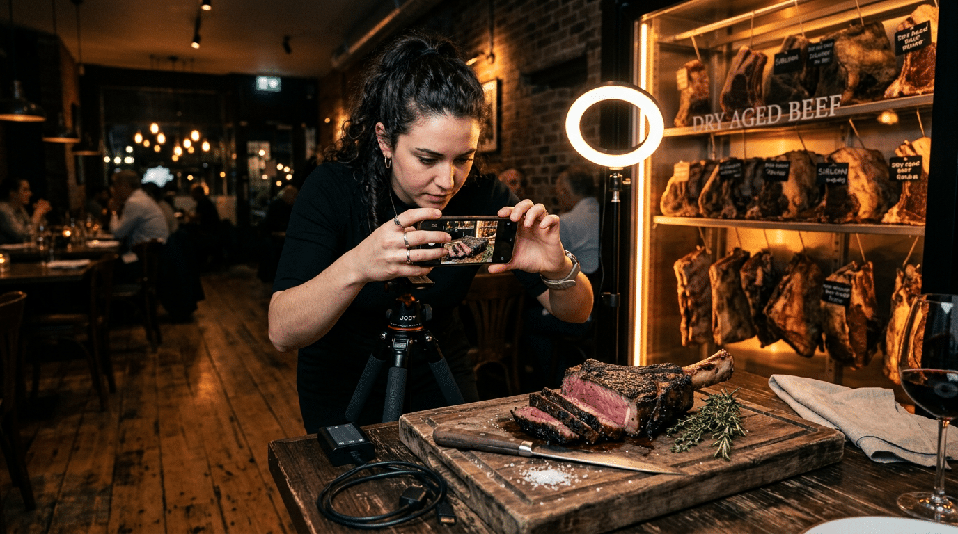 Restoranda dry aged eti telefonla çeken içerik üreticisi, arkada aydınlatmalı dry aged vitrini