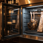 Dry aged dolabında asılı kemikli tomahawk primal ve rafta kemiksiz kontrfile