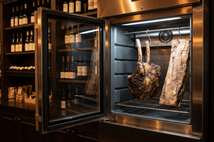 Dry aged dolabında asılı kemikli tomahawk primal ve rafta kemiksiz kontrfile