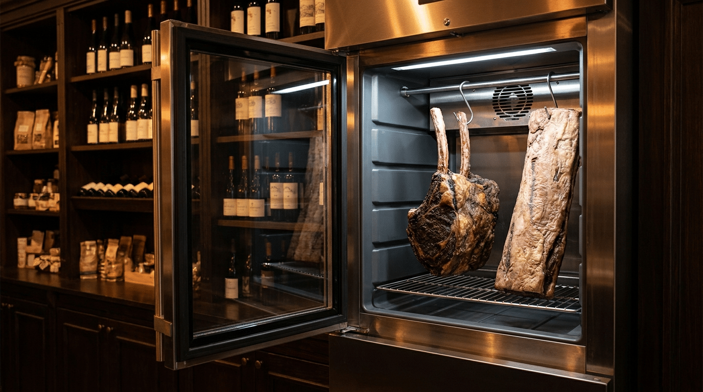 Dry aged dolabında asılı kemikli tomahawk primal ve rafta kemiksiz kontrfile