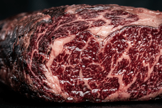 Dry aged etin kesit yakın çekimi: kabuk, mermerleşme ve kas lifi yapısı