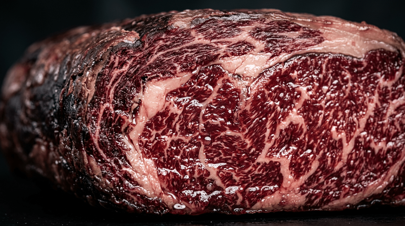 Dry aged etin kesit yakın çekimi: kabuk, mermerleşme ve kas lifi yapısı