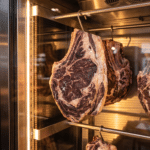 Dry aged dolabında kancalarda asılı, koyu bordo kabuklu uzun süre olgunlaştırılmış dana kontrfileler