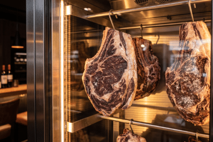Dry aged dolabında kancalarda asılı, koyu bordo kabuklu uzun süre olgunlaştırılmış dana kontrfileler