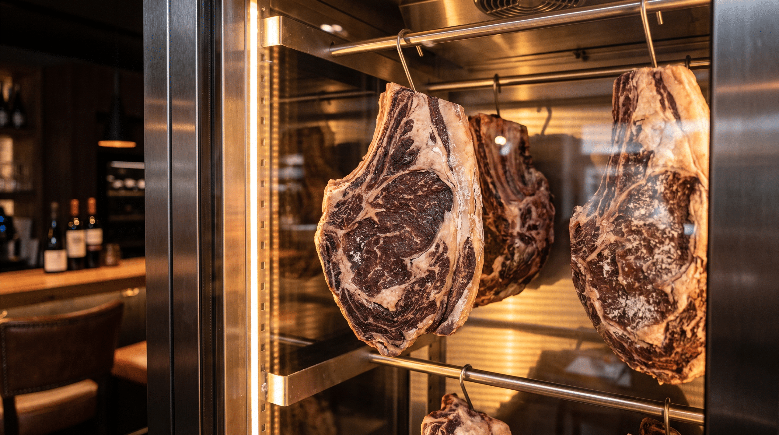 Dry aged dolabında kancalarda asılı, koyu bordo kabuklu uzun süre olgunlaştırılmış dana kontrfileler