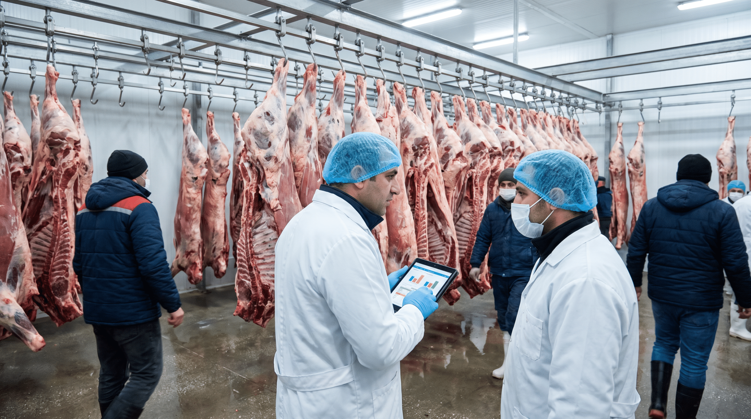 Soğuk odada asılı dana karkas yarımları ve tablet üzerinde fiyat grafiklerine bakan alıcı