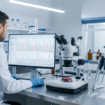 Et bilimi laboratuvarında DNA analiz grafiğini inceleyen araştırmacı ve mikroskop altındaki kas örneği