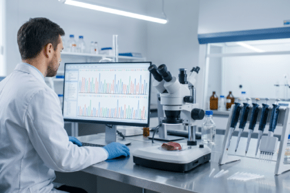 Et bilimi laboratuvarında DNA analiz grafiğini inceleyen araştırmacı ve mikroskop altındaki kas örneği
