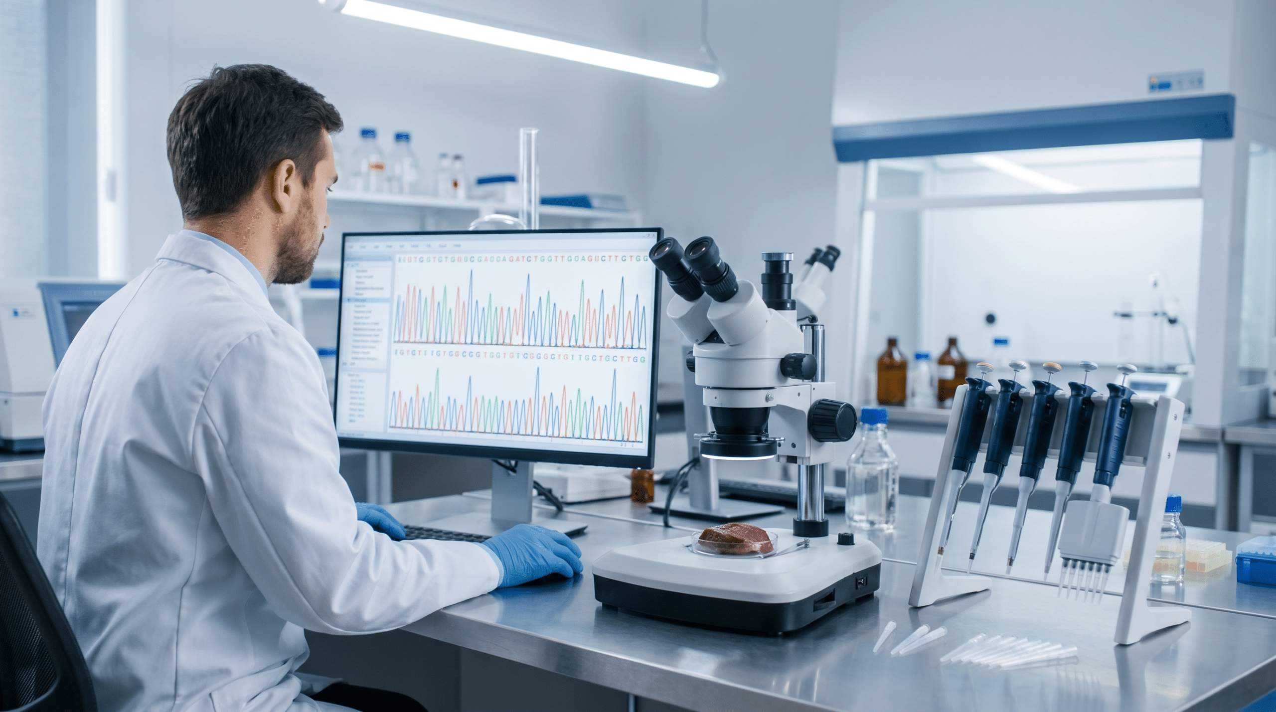 Et bilimi laboratuvarında DNA analiz grafiğini inceleyen araştırmacı ve mikroskop altındaki kas örneği