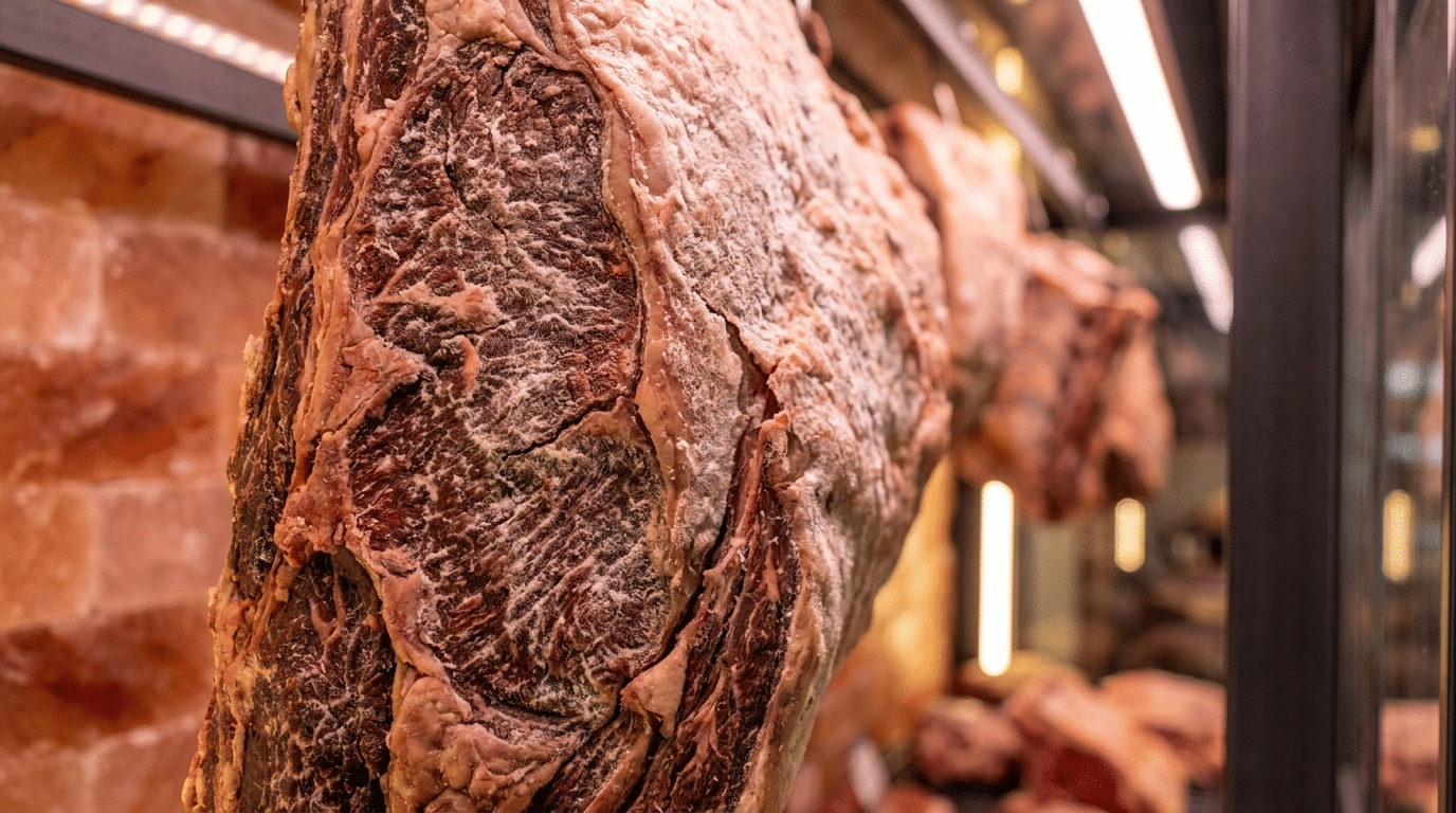 Dry aged et yüzeyindeki beyaz kadifemsi küf florası ve kuru kabuk makro görünüm