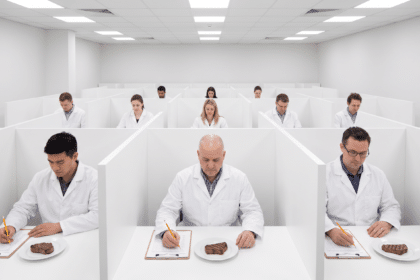 Duyusal analiz laboratuvarında ayrı kabinlerde et örneklerini değerlendiren eğitimli panelistler