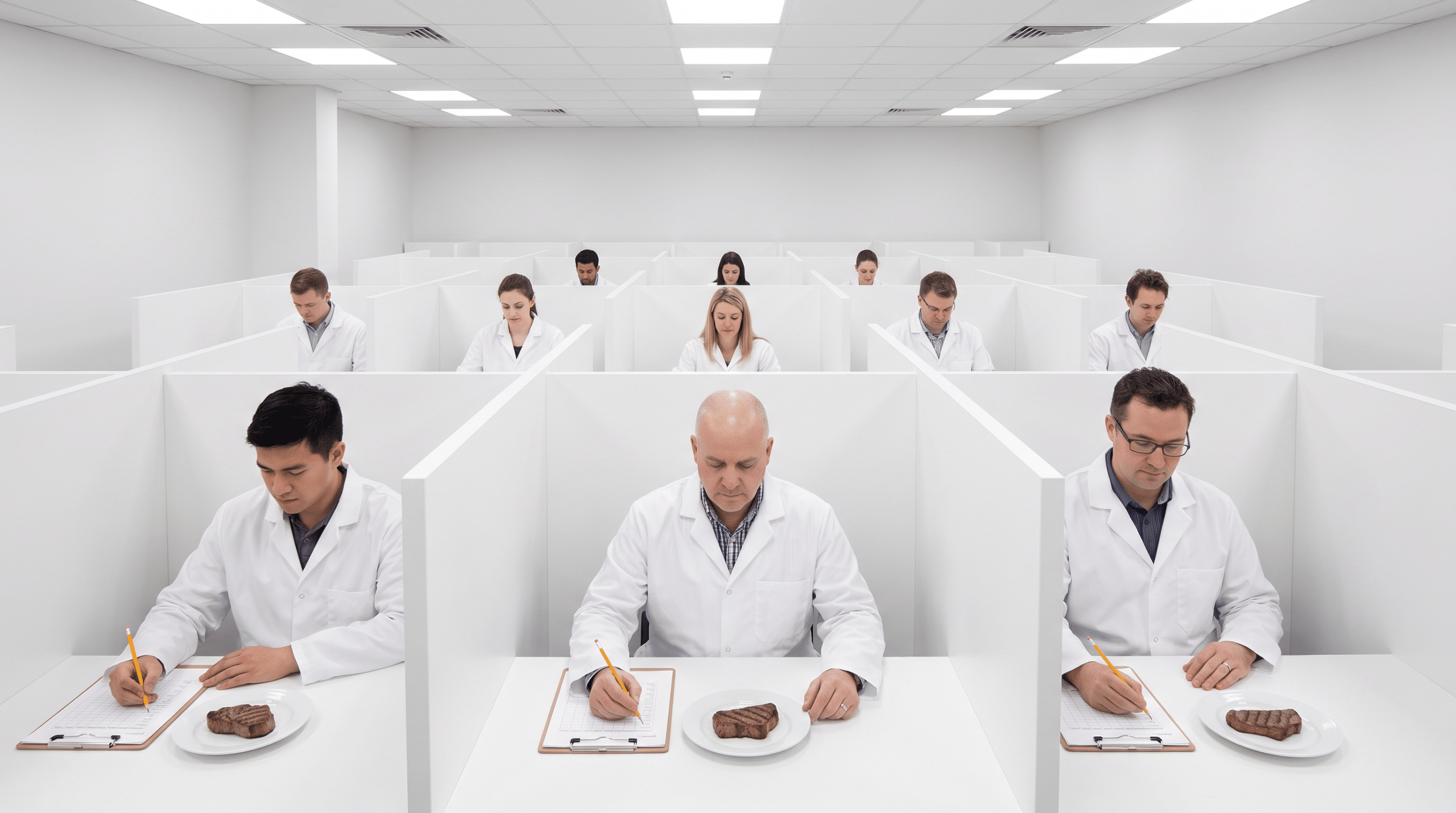 Duyusal analiz laboratuvarında ayrı kabinlerde et örneklerini değerlendiren eğitimli panelistler