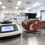 Laboratuvarda su aktivitesi ölçüm cihazı ve yanında kabuk katmanı görünen dry aged et kesiti