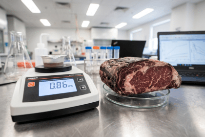 Laboratuvarda su aktivitesi ölçüm cihazı ve yanında kabuk katmanı görünen dry aged et kesiti