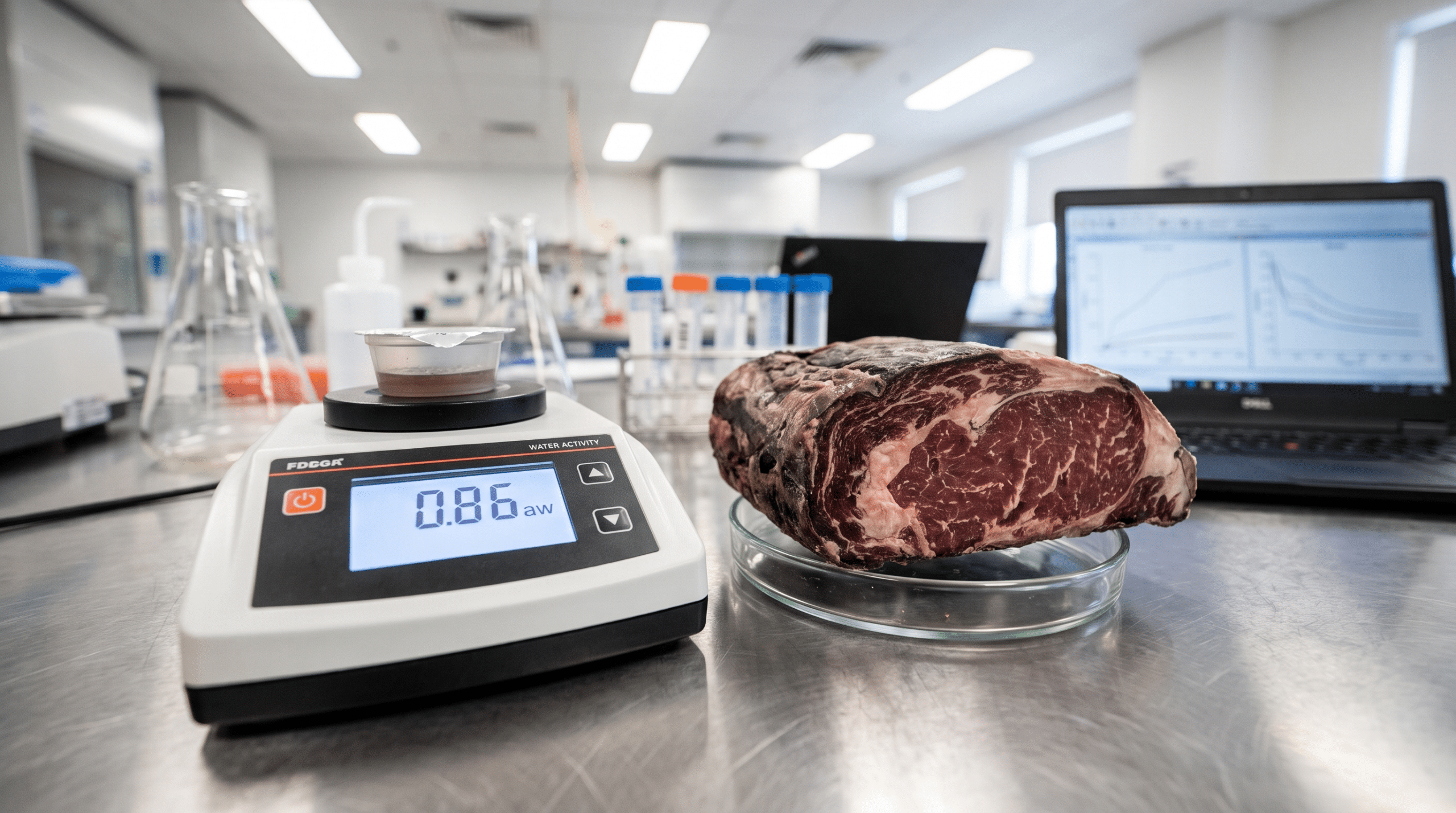 Laboratuvarda su aktivitesi ölçüm cihazı ve yanında kabuk katmanı görünen dry aged et kesiti