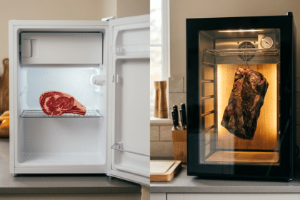 Normal buzdolabında tel rafta duran antrikot ile cam kapaklı ev tipi dry aged dolabında asılı olgunlaşmış et karşılaştırması