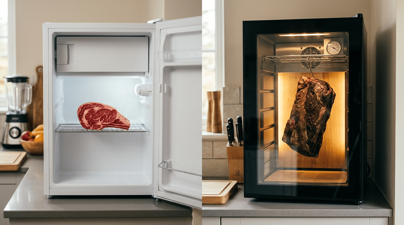 Normal buzdolabında tel rafta duran antrikot ile cam kapaklı ev tipi dry aged dolabında asılı olgunlaşmış et karşılaştırması
