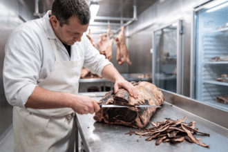 Soğuk odada dry aged et kütüğünün koyu kabuğunu uzun bıçakla tıraşlayan kasap