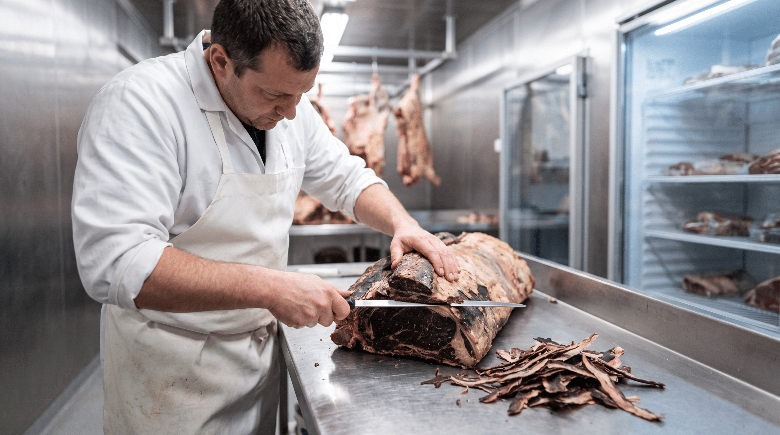 Soğuk odada dry aged et kütüğünün koyu kabuğunu uzun bıçakla tıraşlayan kasap